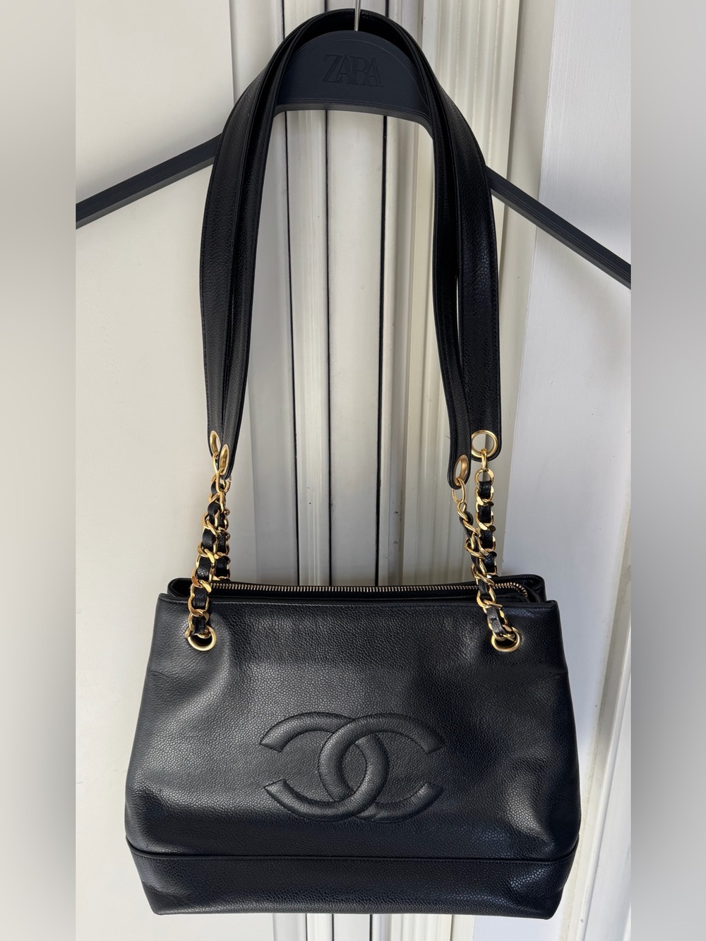 CHANEL Black Caviar Skin Leather Shoulder Tote Bag Purse with Gold Accents